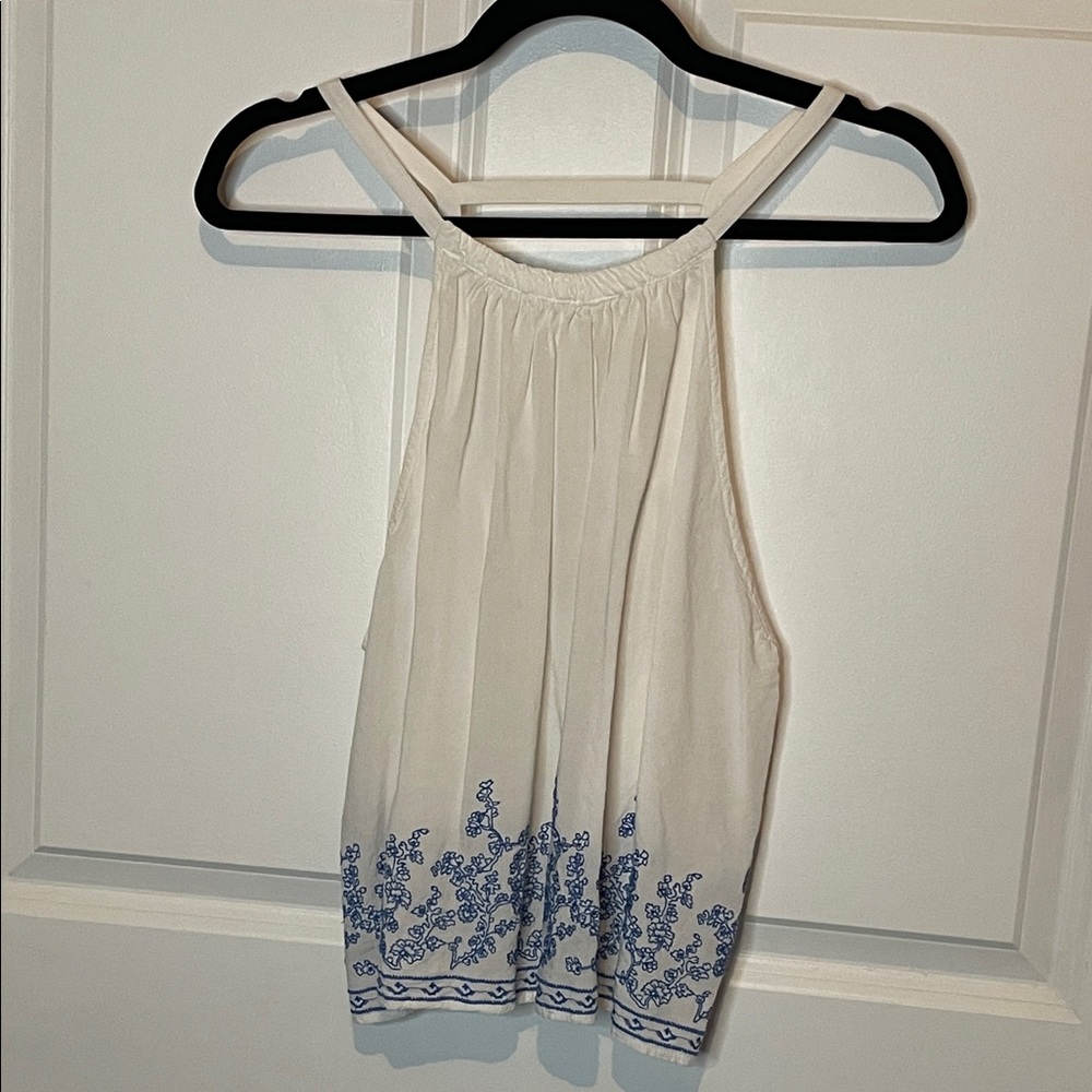 Forever 21 White Tank Top with Blue Embroidery + Ladder Back. Women’s Plus OX
